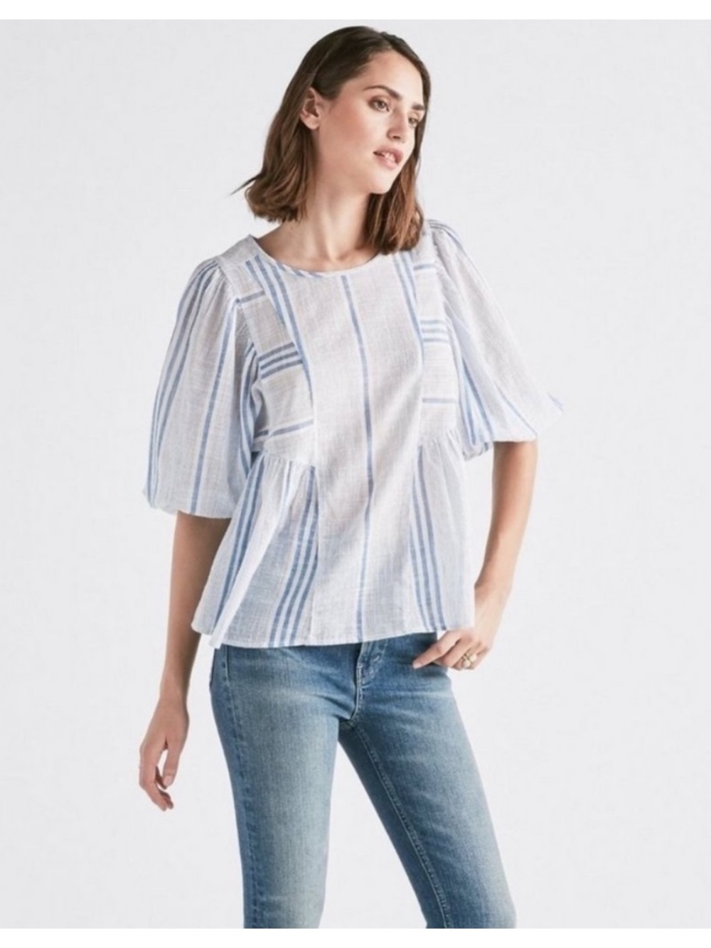 Lucky Brand Blue White Striped Peasant Top Size L